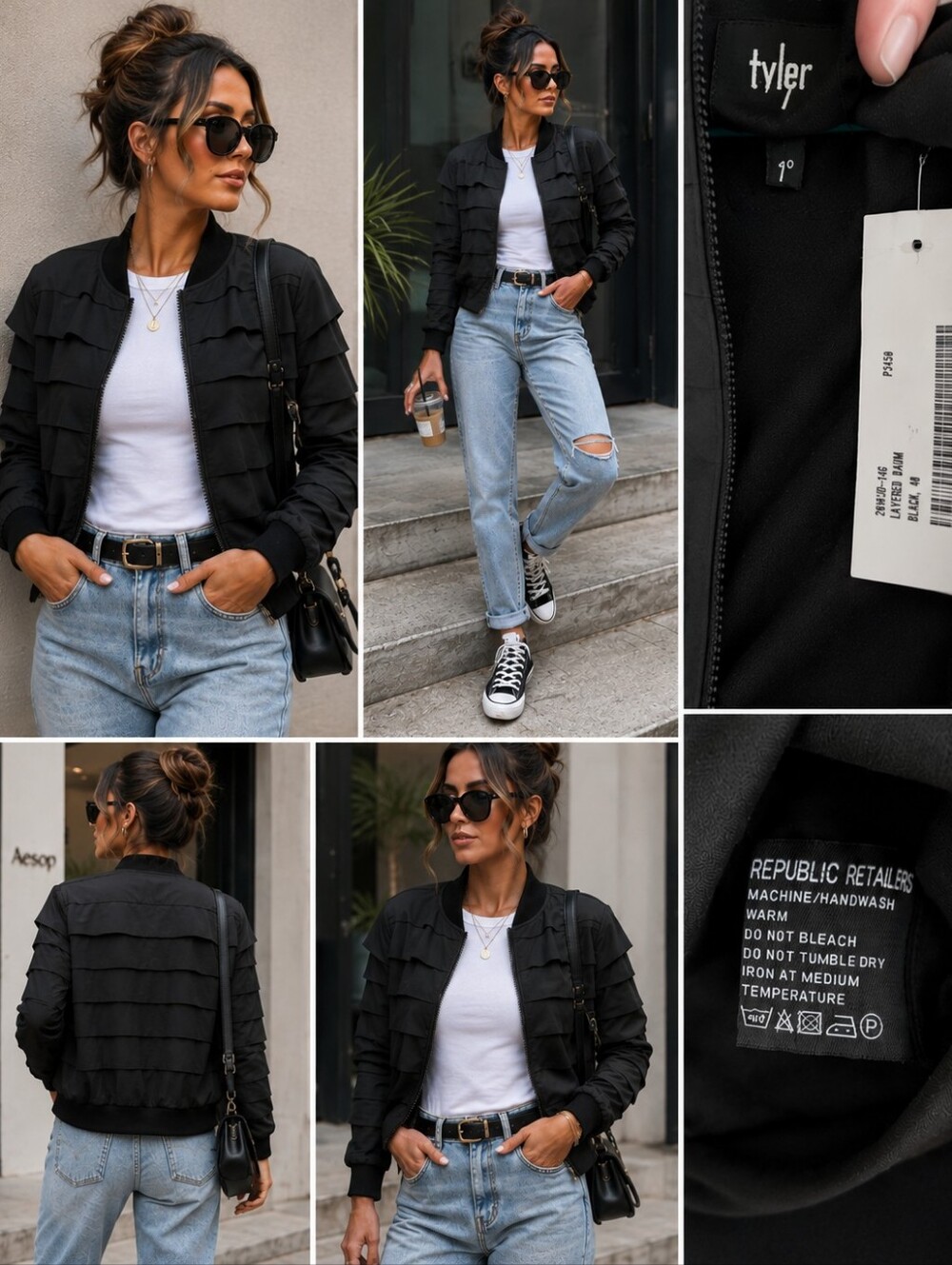 Petite Tyler Brand Womens Layered Bomber Jacket in Black